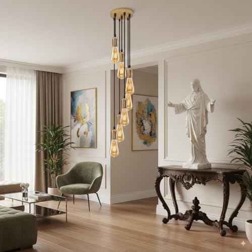 7-Light Cluster Pendant – 120 mm Rose, Adjustable Drops, E27 - French Gold, No Shade, ST64 Bulb
