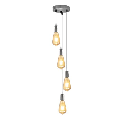 4 Light Cluster Pendant – Chrome or Satin Nickel, E27, Staggered - Satin Nickel, No Shade, ST64 Bulb