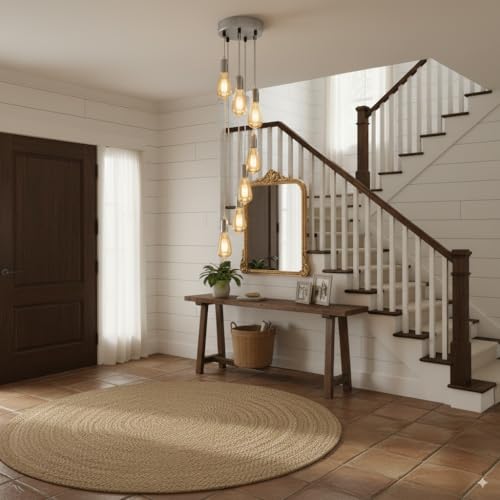 7 Light Cluster Pendant – Chrome or Satin Nickel, E27, Staggered - Satin Nickel, No Shade, ST64 Bulb