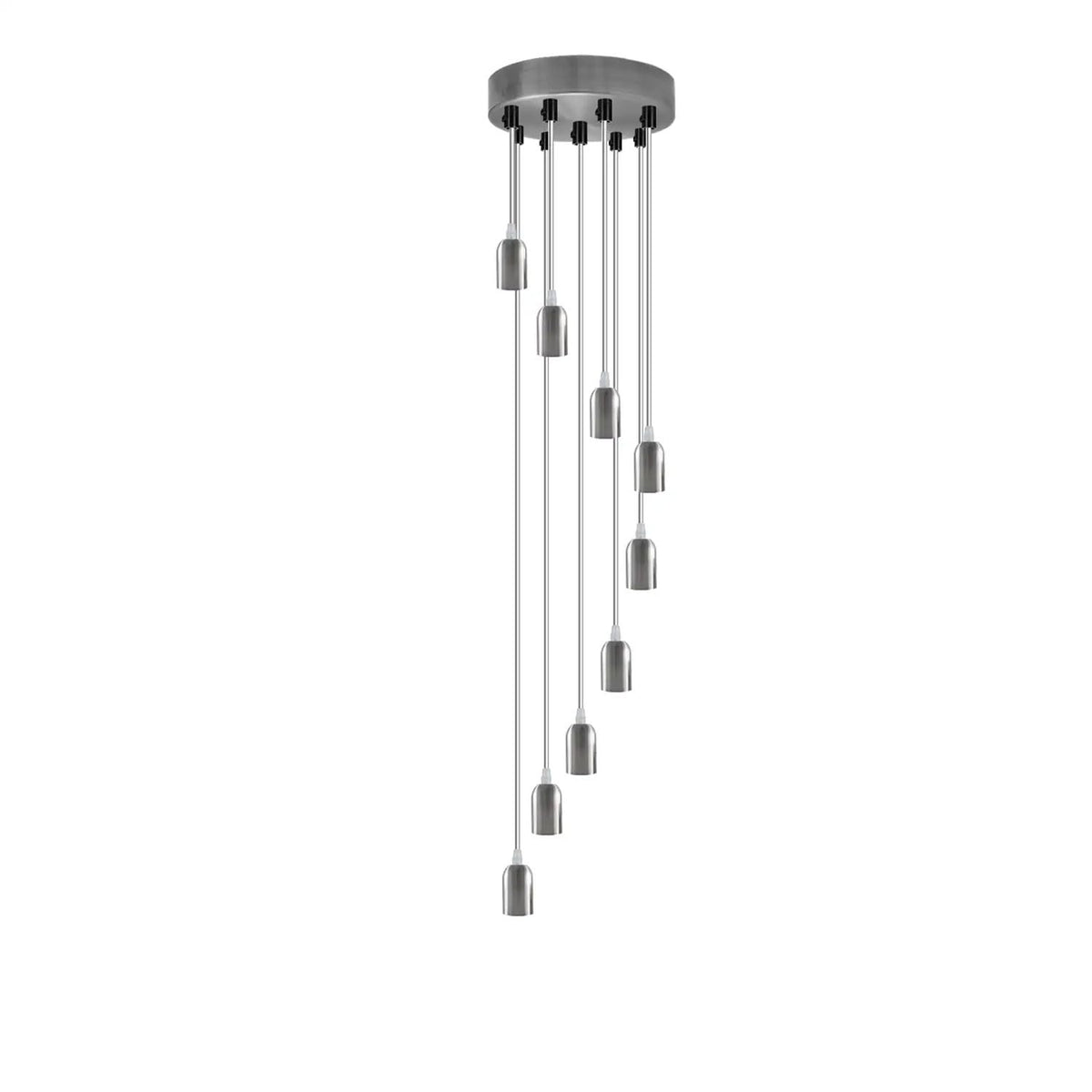 9 Light Cluster Pendant – Chrome or Satin Nickel, E27, Staggered - Satin Nickel, No Shade, Without Bulb