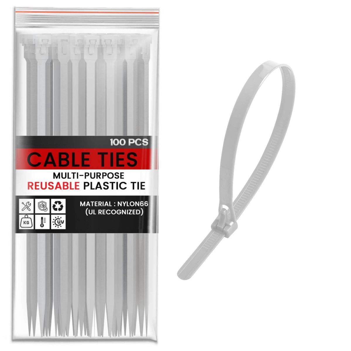 Releasable Nylon Cable Ties, Pack of 100 – Black or White, 200 to 300 mm - White, 3.6 x 200 mm, 100 Ties