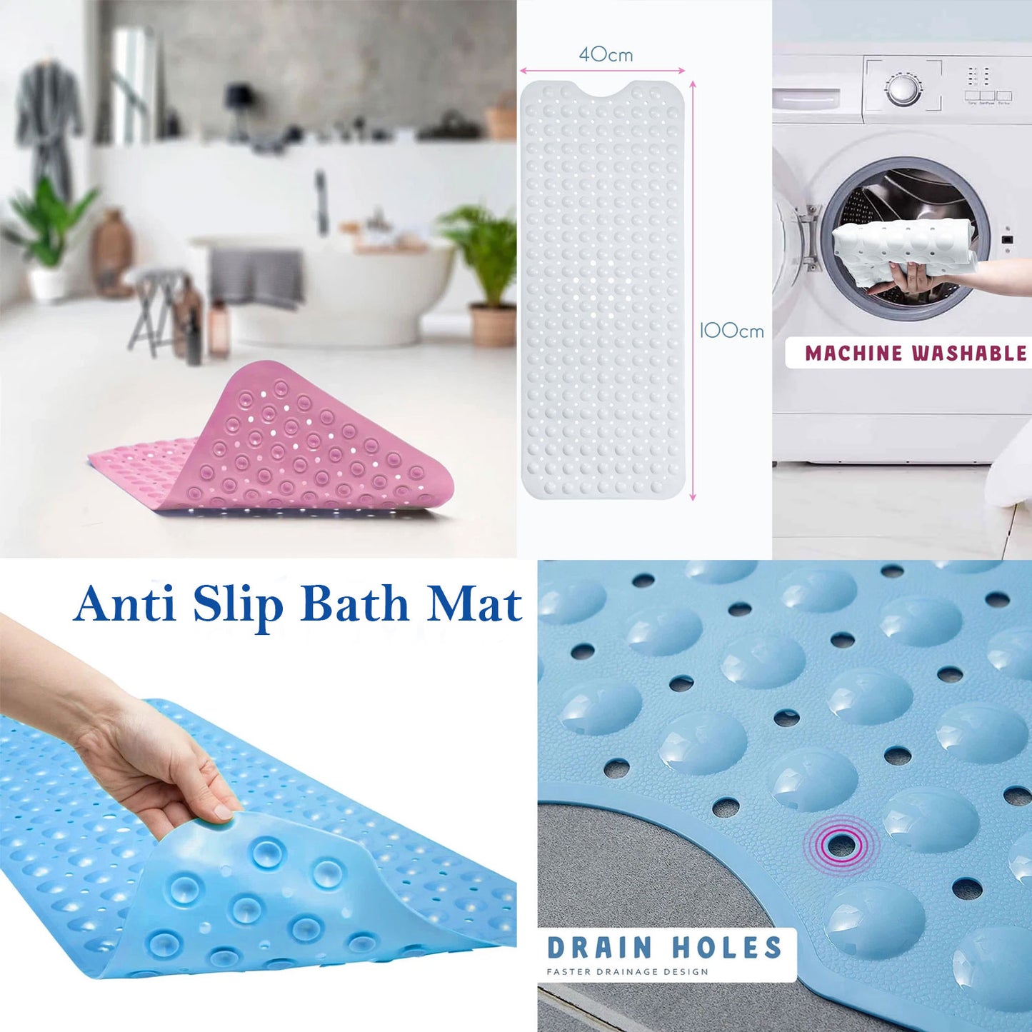 1x Non-Slip Shower Mat 100x40cm – Soft Rubber Bath Mat with Drain Holes ~1263