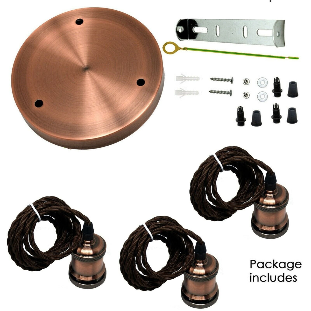 3 Light Rustic Copper Cascade Pendant – Braided Cable, Round Plate - photo 3