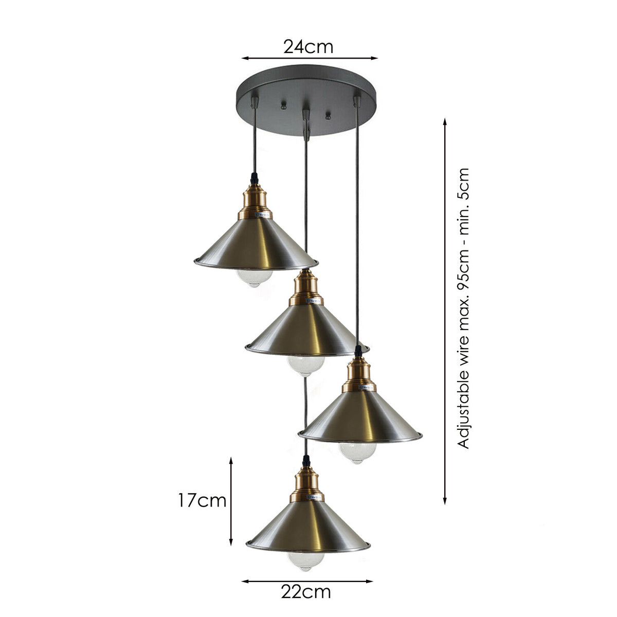 4-Light Cone Pendant Cluster – Satin Nickel Shades, Brass Holders - photo 5