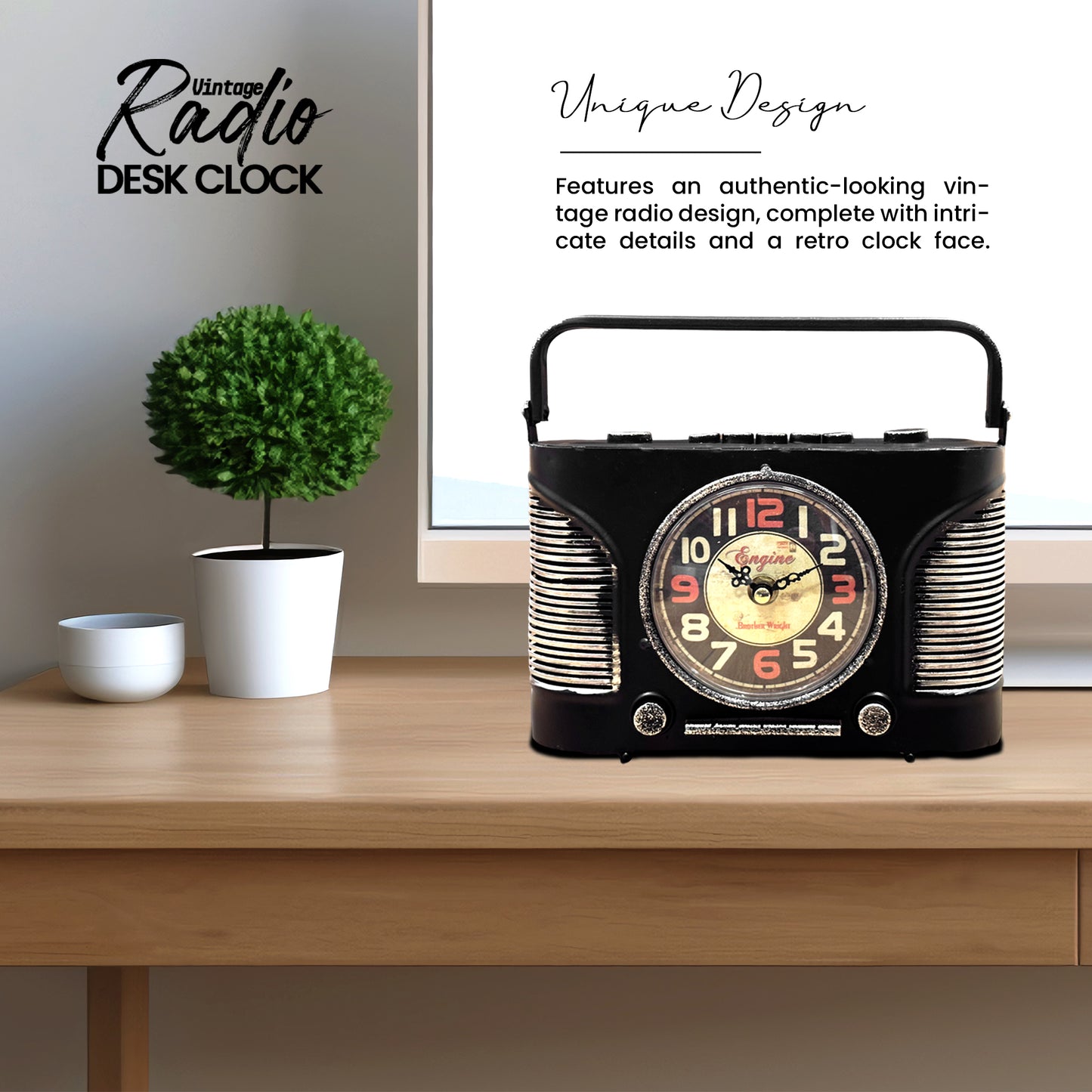 General AM FM Radio Clock Quartz Analog Vintage Handcraft Table Clock~1252