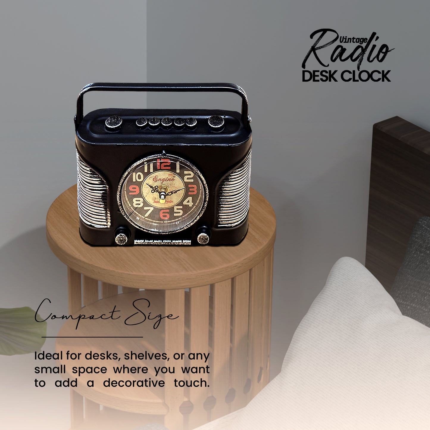 General AM FM Radio Clock Quartz Analog Vintage Handcraft Table Clock~1252