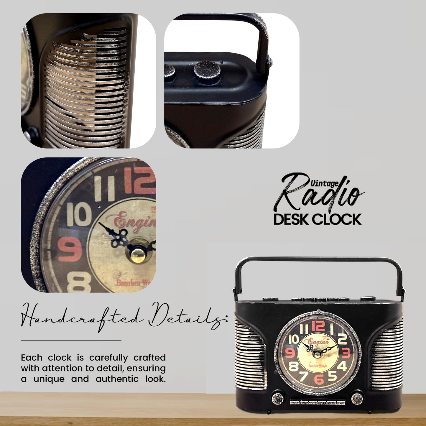 General AM FM Radio Clock Quartz Analog Vintage Handcraft Table Clock~1252