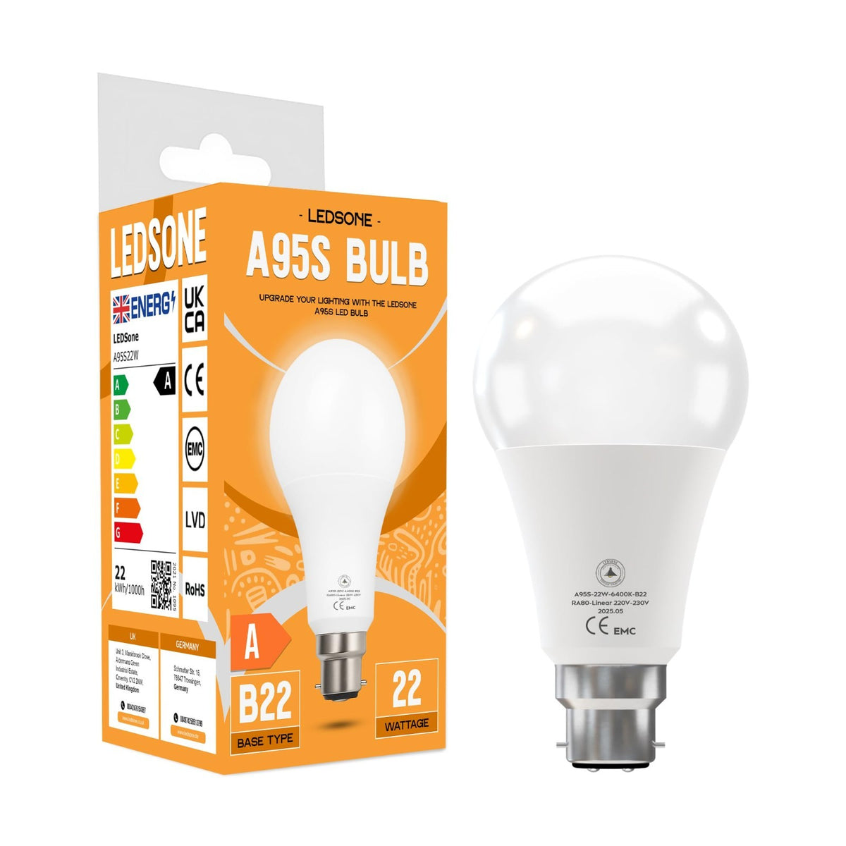 6 Pack - B22 LED Bulb SMD A95H-HP 22W Cool White 6400K Non Dimmable
