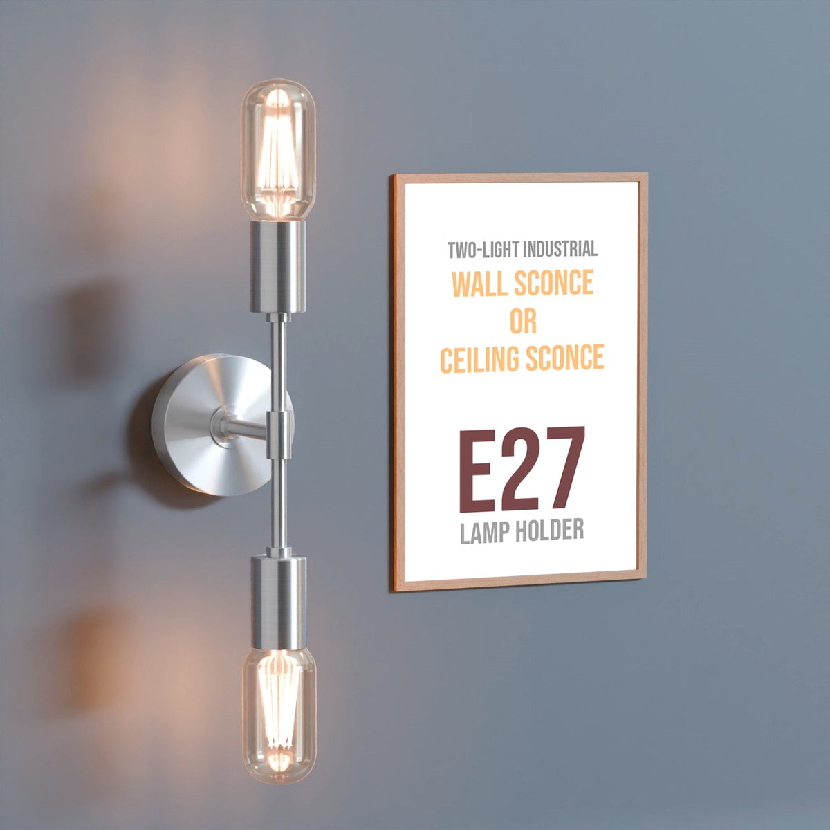 Twin E27 Wall & Ceiling Sconce – Chrome, Rose Gold, Satin Nickel, Brass - Satin Nickel, No Shade, T45 LED Bulb 4W