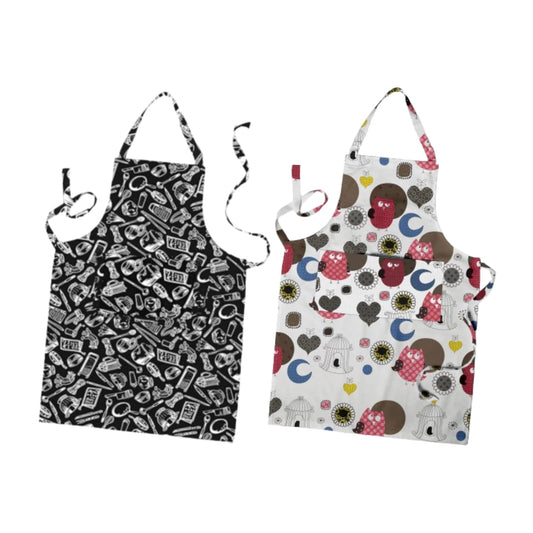 Cotton Bib Aprons, Pack of 2 – Stripes, Bonjour or Novelty Prints - Black Kitchen Print + Owl Print