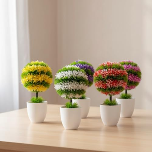 Artificial Topiary Flower Balls in White Pots – 32 cm, Pack of 2, 3 or 5 - Pack of 5