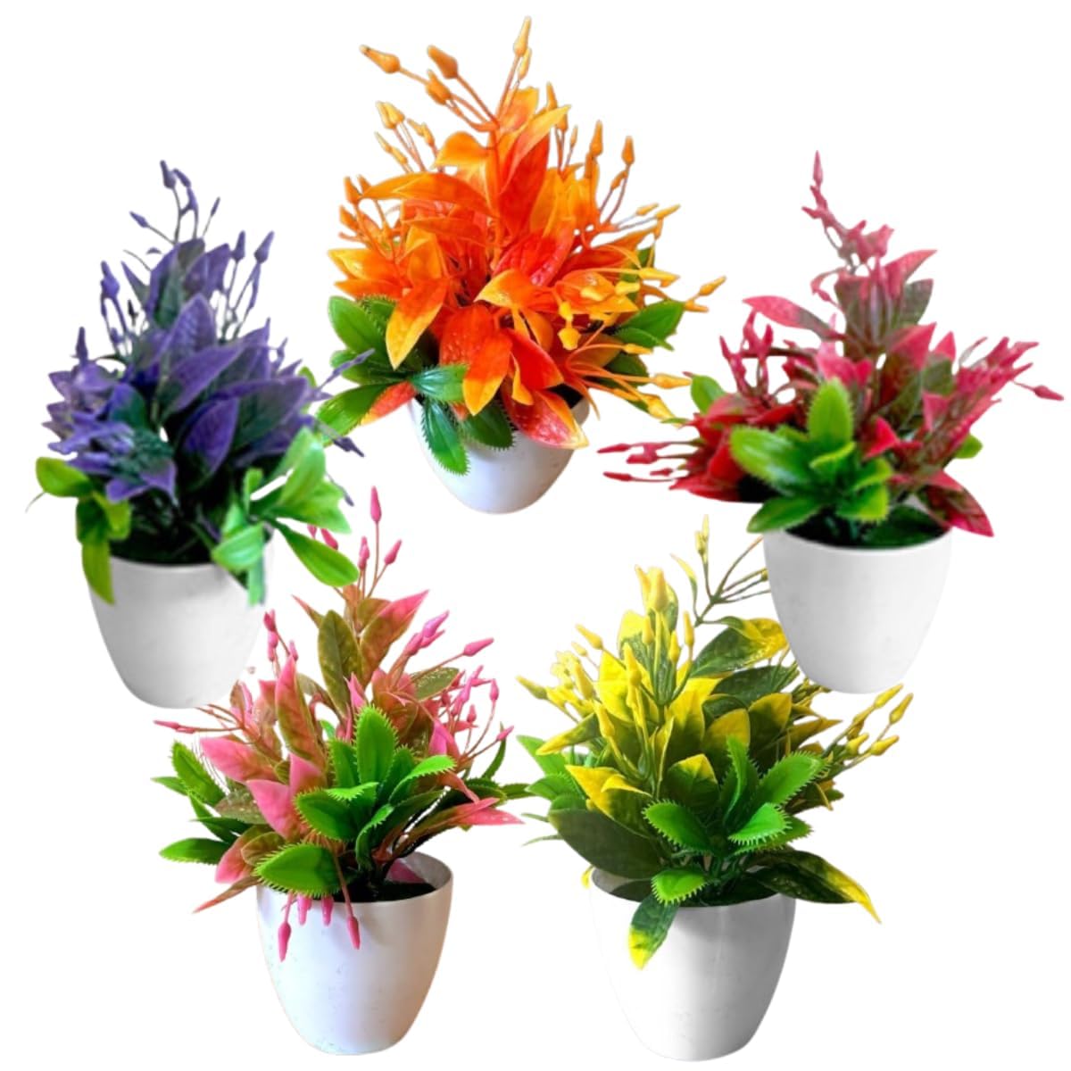 Artificial Flowering Plants in White Pots – Pack of 2, 3 or 5, Assorted Colours - Pack of 5