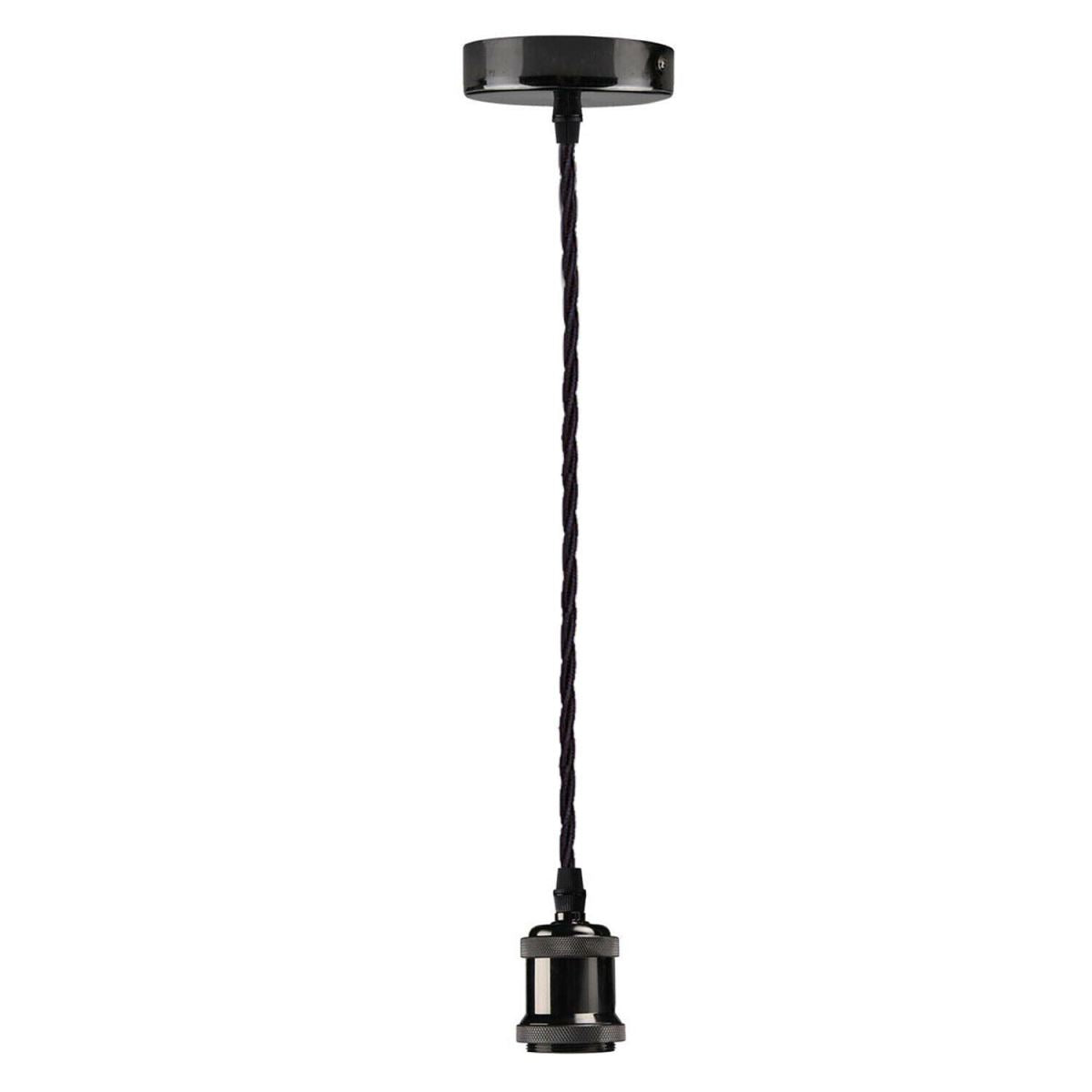 Black E27 Pendant Light Set – 1m Twisted Cable, Matt or Shiny - Shiny Black, No Shade, Without Bulb