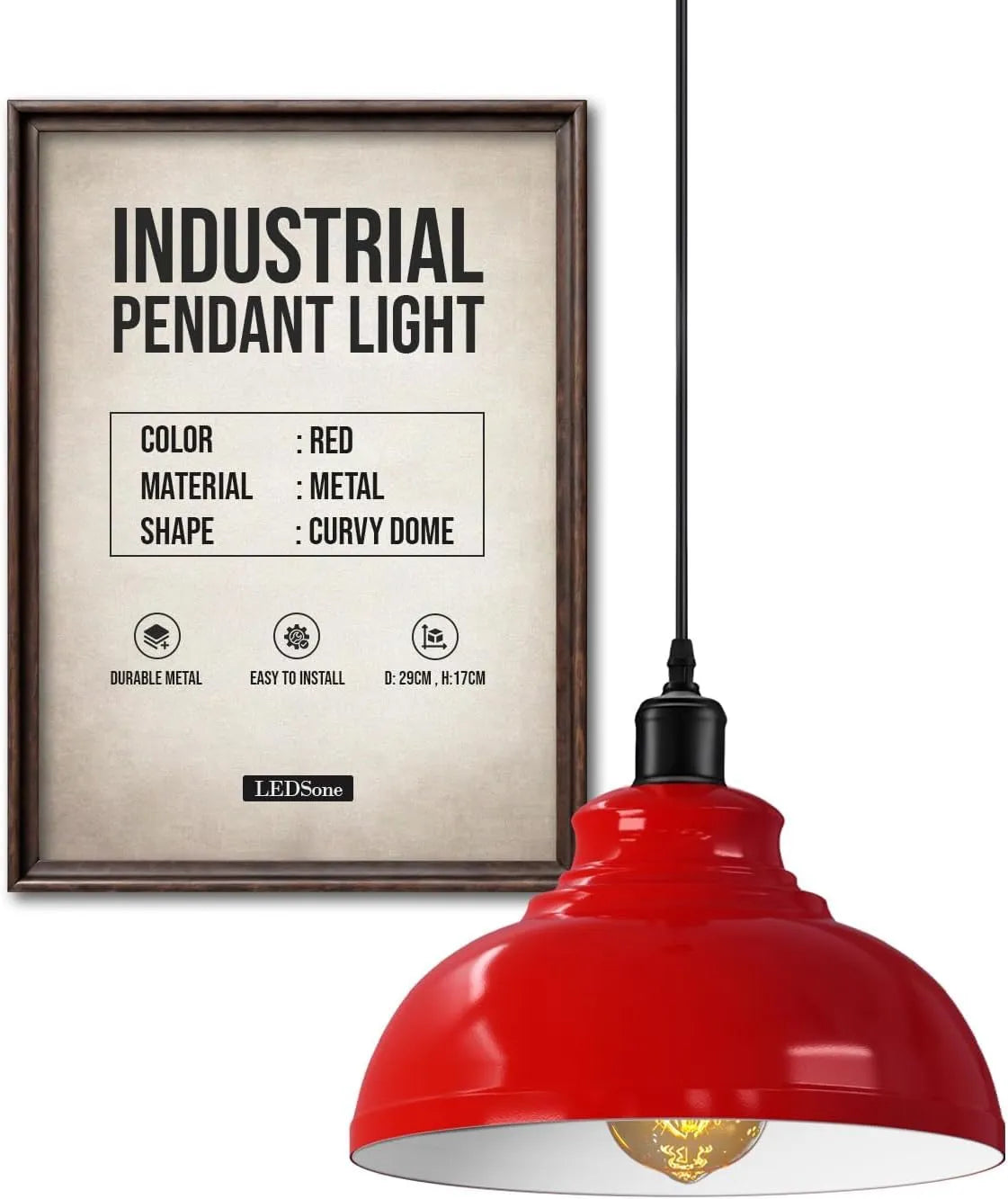 Black Pendant Light – Curvy, Dome, Cone or Gloss Shade, Single or Pair - Black, Curvy 29 cm Red, Without Bulb