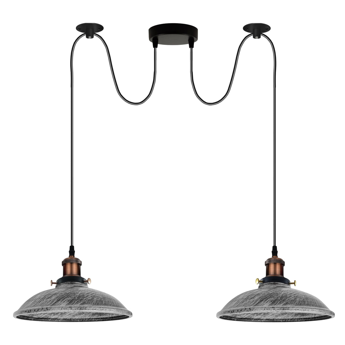 2-Light Swag Pendant Light – Adjustable Drops, Metal Shades - Yellow Brass, Vintage 24 cm Brushed Silver, Without Bulb