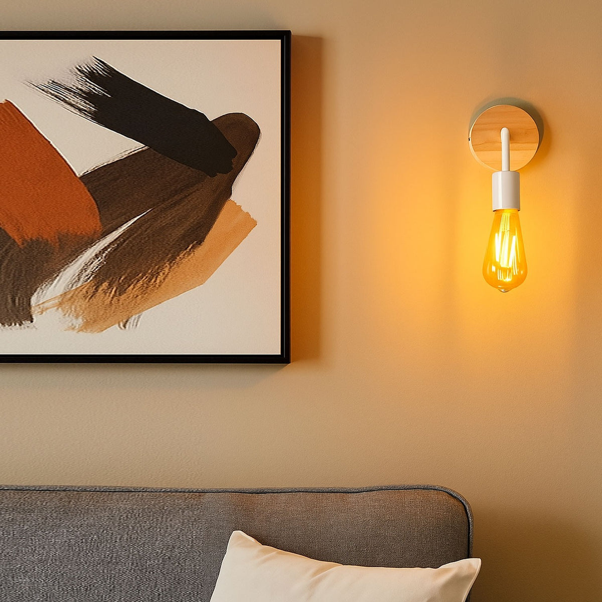 Wood & White Wall Light Holder – Bent Arm, E27 - photo 6