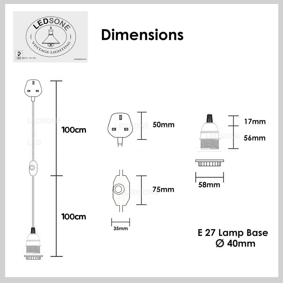 Plug-In Pendant Cable Kit – 2m White, UK Plug & Dimmer, E27 - photo 3