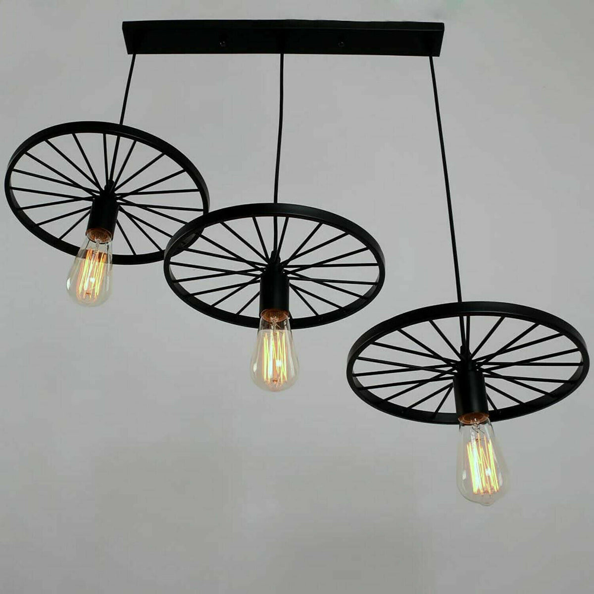 3 Light Wagon Wheel Pendant – 50 cm Bar, 5 Finishes, E27 - Black, Wagon Wheel 30 cm, With 3 ST64 Bulbs