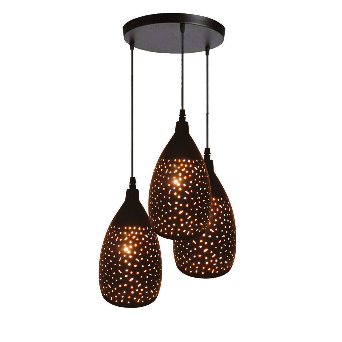 3 Light Black Cluster Pendant – Perforated or Triangle Cage Shades - Standard, Perforated Bell Shades, Round Plate, Without Bulb