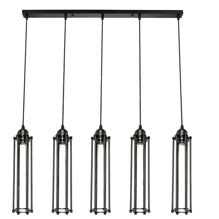 5-Light Cluster Pendant – Wire Cage Shades, Bar or Round Plate, E27 - Black, Tube Cage Black, Without Bulb