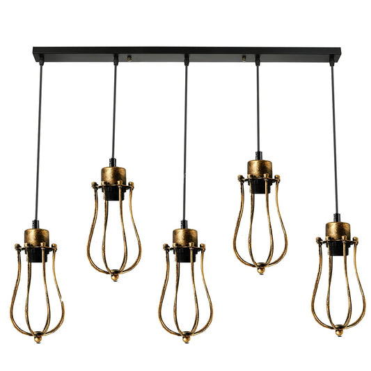 5-Light Cluster Pendant – Wire Cage Shades, Bar or Round Plate, E27 - Brushed Copper, Round Cage Brushed Copper, Without Bulb