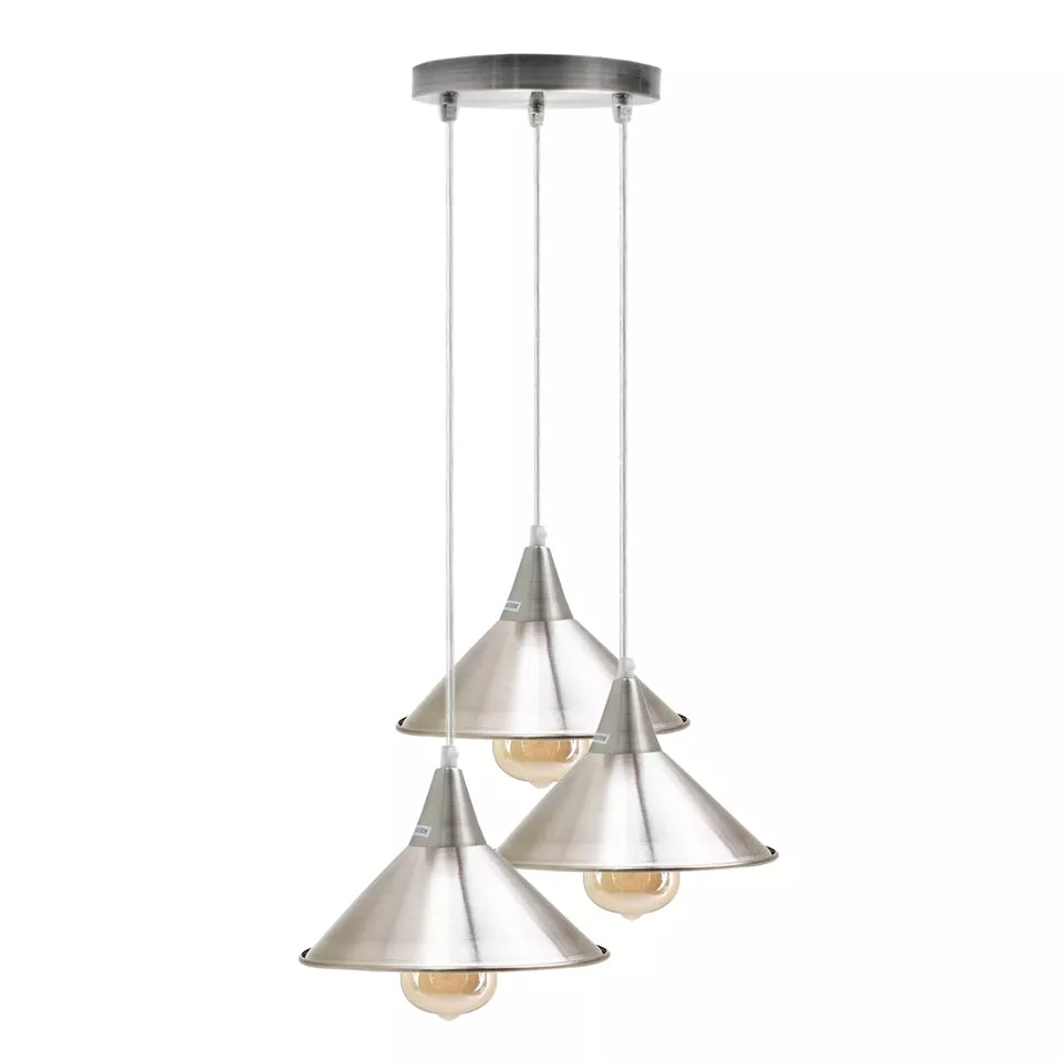 3 Light Cone Cascade Pendant – Chrome or Satin Nickel, E27 - Satin Nickel, Flat Cone 22 cm Satin Nickel, Without Bulb