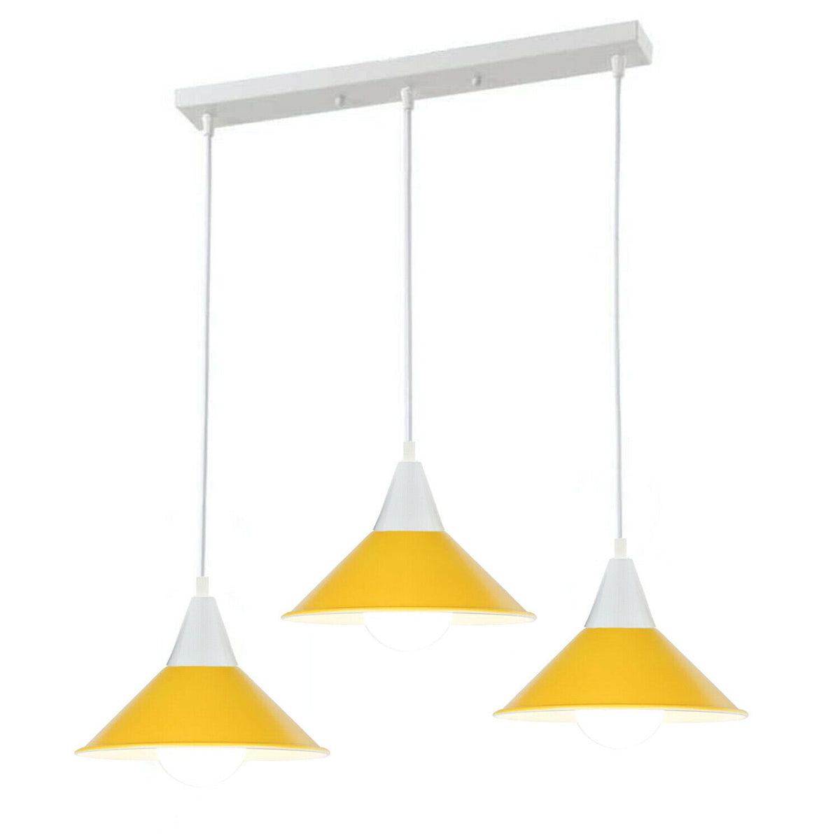3-Light Bar Pendant Light – White, 22 cm Cone Shades, 6 Colours - White, Flat Cone 22 cm Yellow, Without Bulb