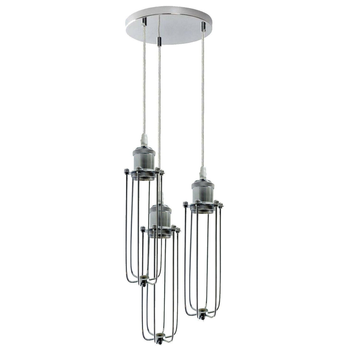 3-Light Chrome Cluster Pendant – Flat, Dome or Long Cage Shades - Chrome, Long Cage Chrome, Without Bulb