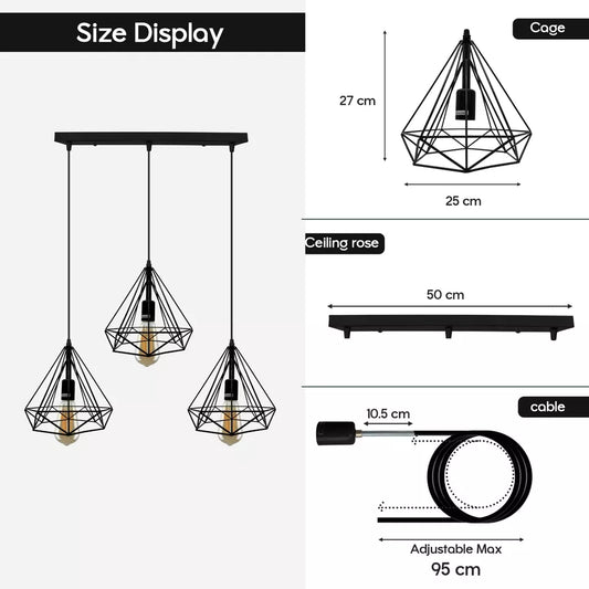 3-Light Diamond Cage Pendant – Bar or Round Ceiling Plate, 6 Colours - photo 2