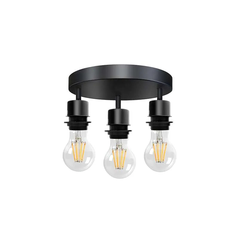 3-Light Flush Ceiling Light – Adjustable E27 Holders, 8 Finishes - Black, No Shade, A60 LED Bulb 8W