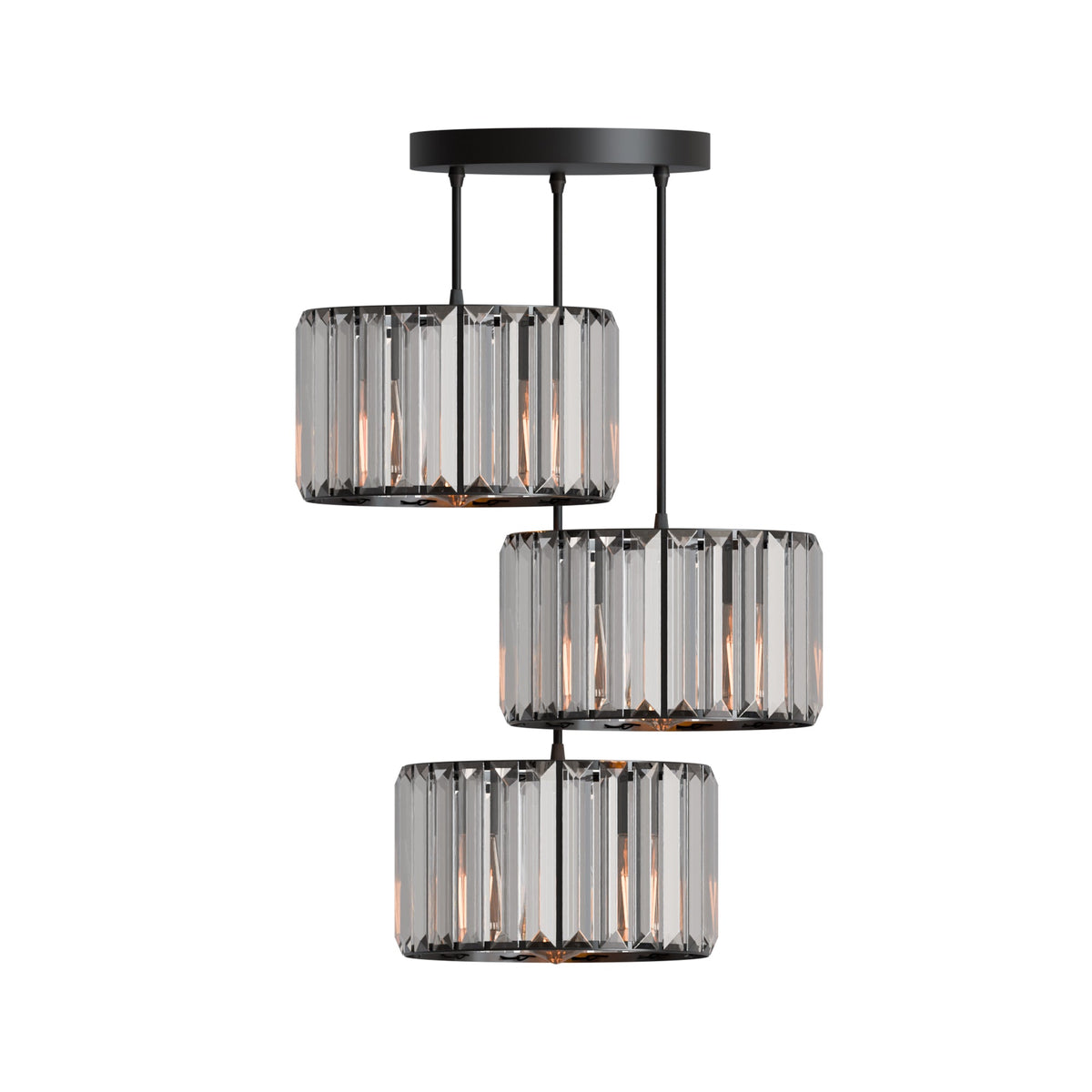 3-Light Crystal Drum Pendant – Bar or Round Plate, Black or Gold - Black, Crystal Drum 20 cm, Round Plate, Without Bulb