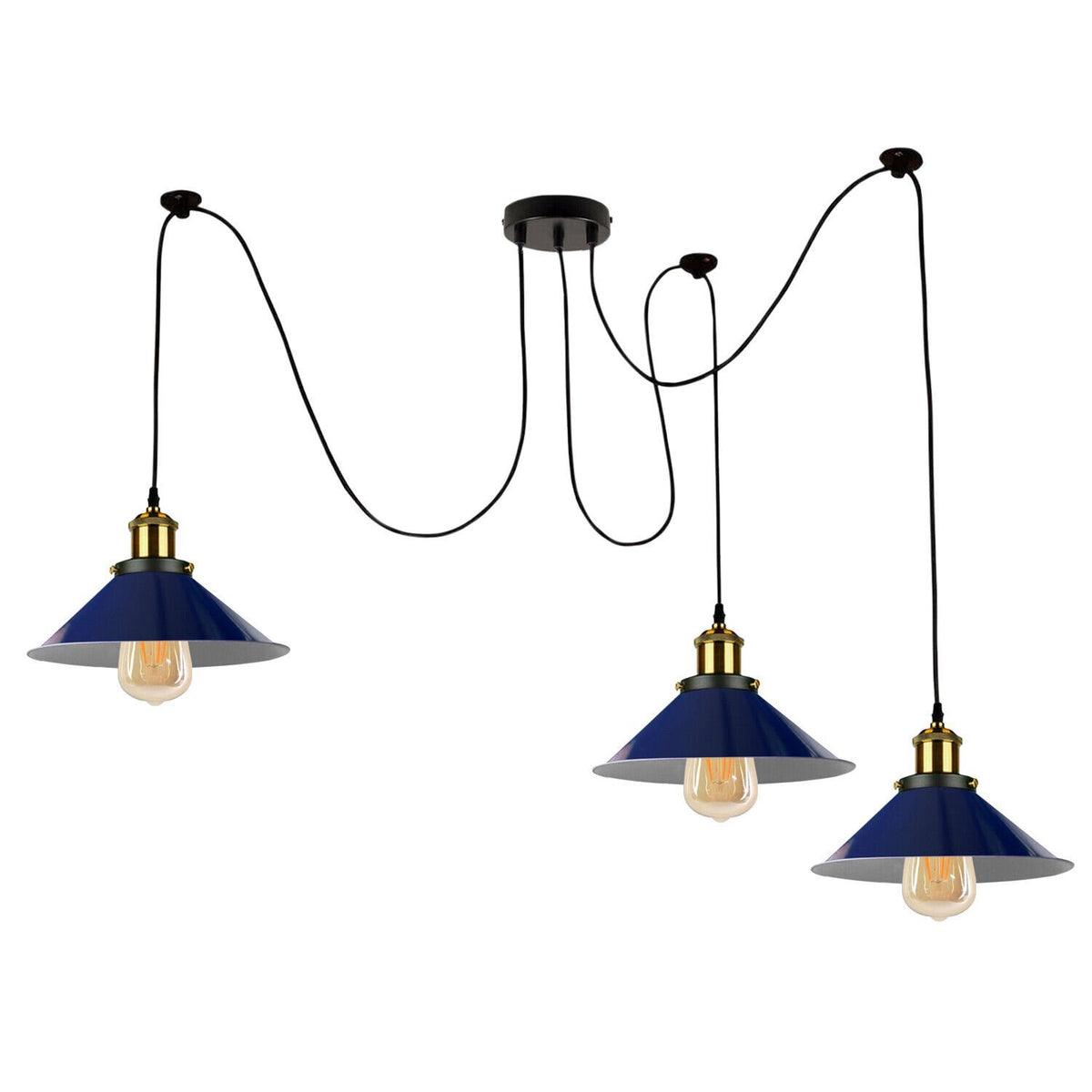 3 Light Pendant – Rise & Fall Pulley or Spider Style, 30+ Shades - Yellow Brass, Spider: Flat Cone 22 cm Navy Blue, Without Bulb