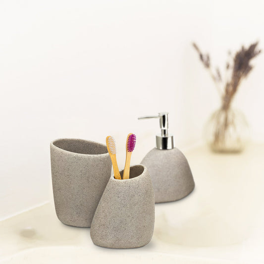 Stone-Effect Resin Bathroom Set – Pebble Shape, Off-White, 3 Pieces - photo 2