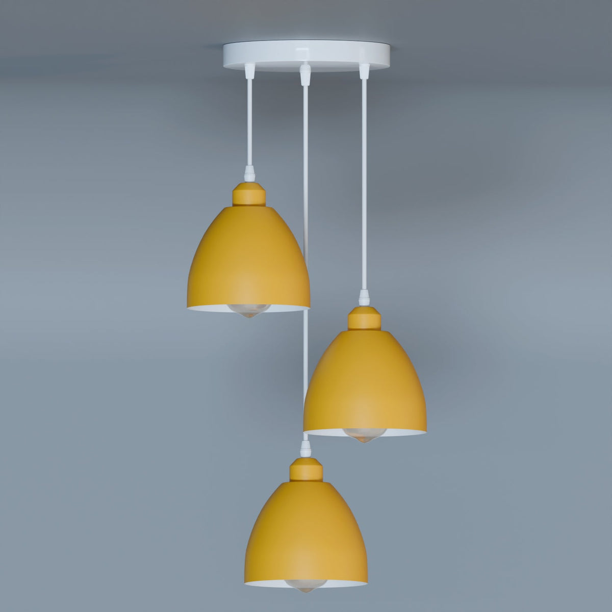 3-Light Pendant – Retro Metal Shades or White Cages, E27 - Yellow, Retro 15 cm Yellow, Without Bulb