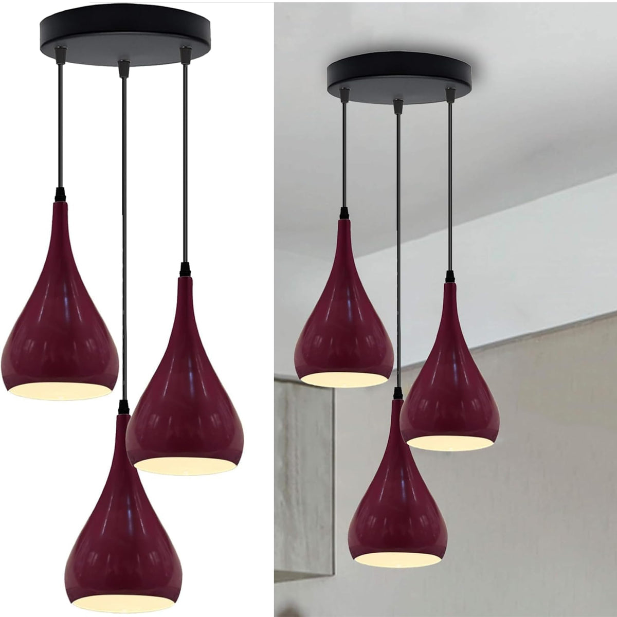 Burgundy 3-Light Teardrop Cluster Pendant – Black Plate, E27