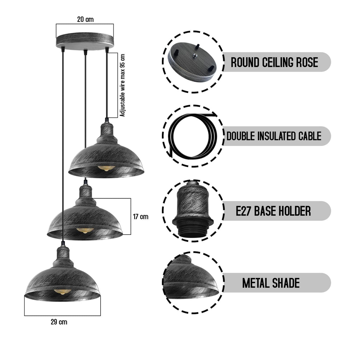 3-Light Barrel Cage Pendant Cluster – Antique Metal, Round Plate or Bar - Brushed Silver, Curvy 29 cm Brushed Silver, Round Plate, Without Bulb