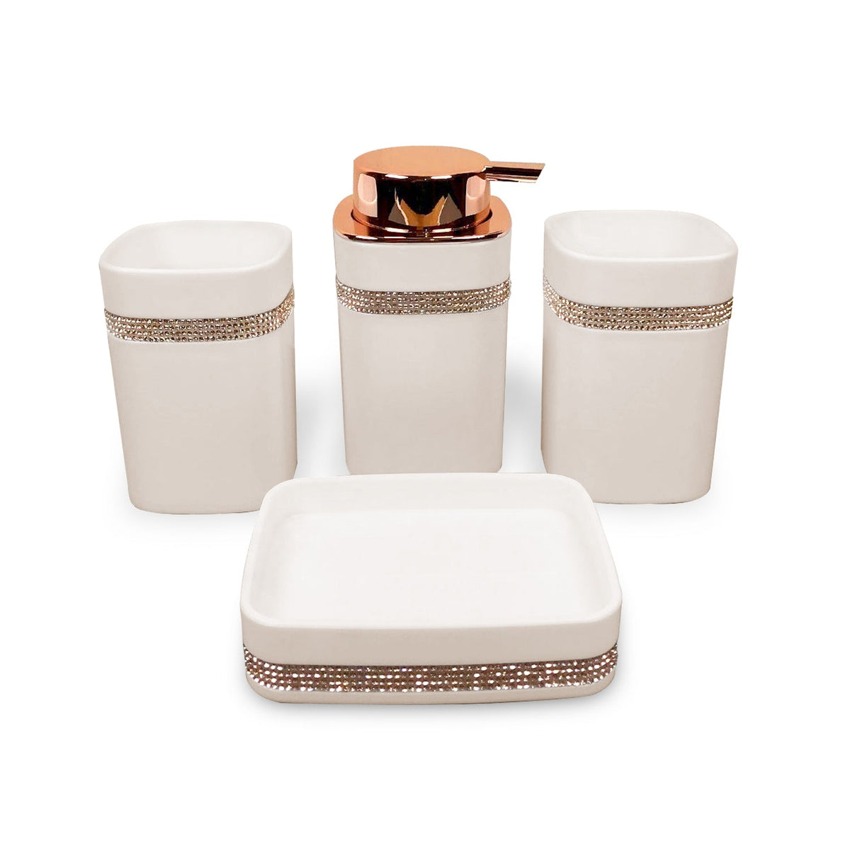 4-Piece Bathroom Accessory Set – Rose Gold Pump, Diamanté Band, Black or White - White