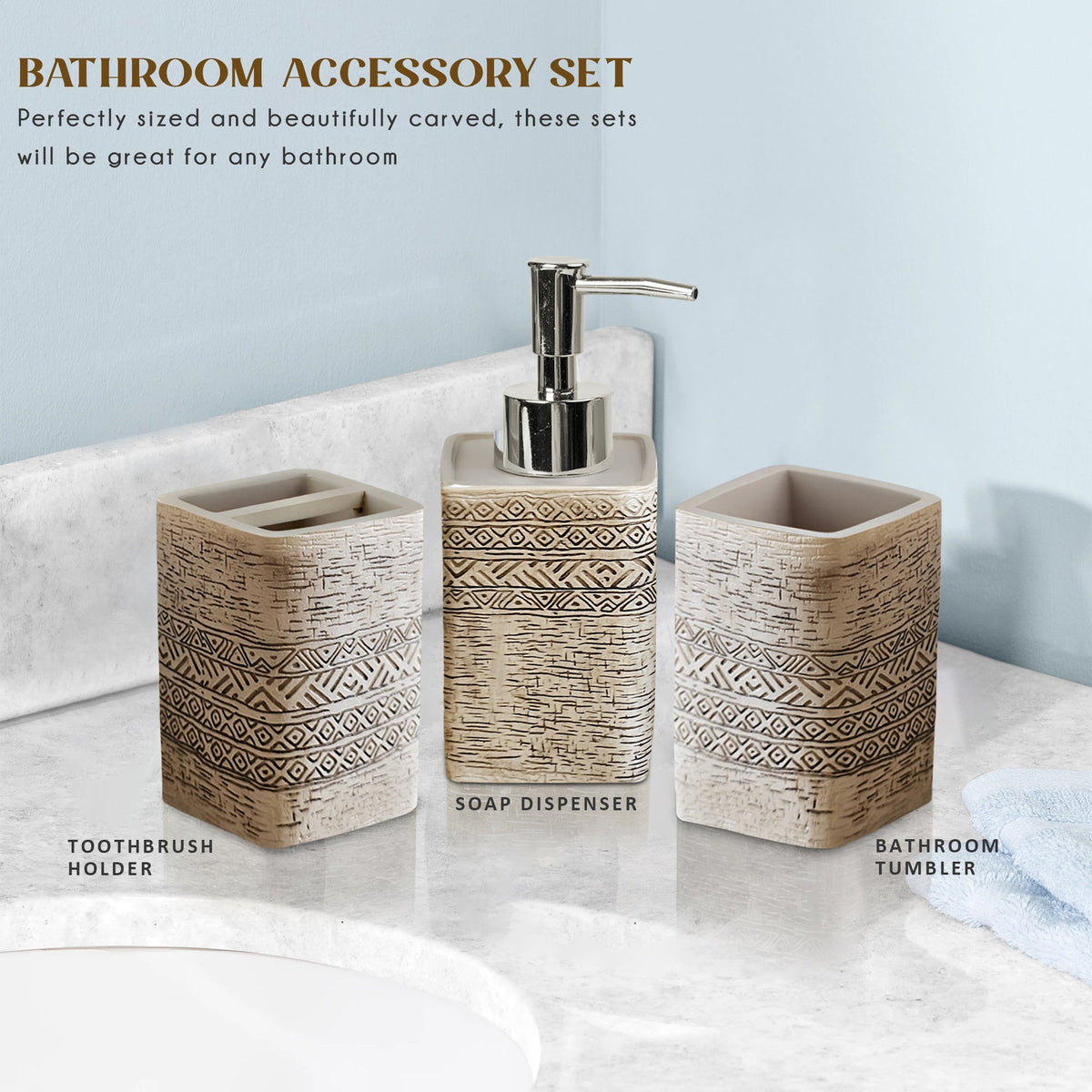 Carved Stone-Effect Bathroom Set – Egyptian Pattern, 3 Pieces, Beige - photo 7