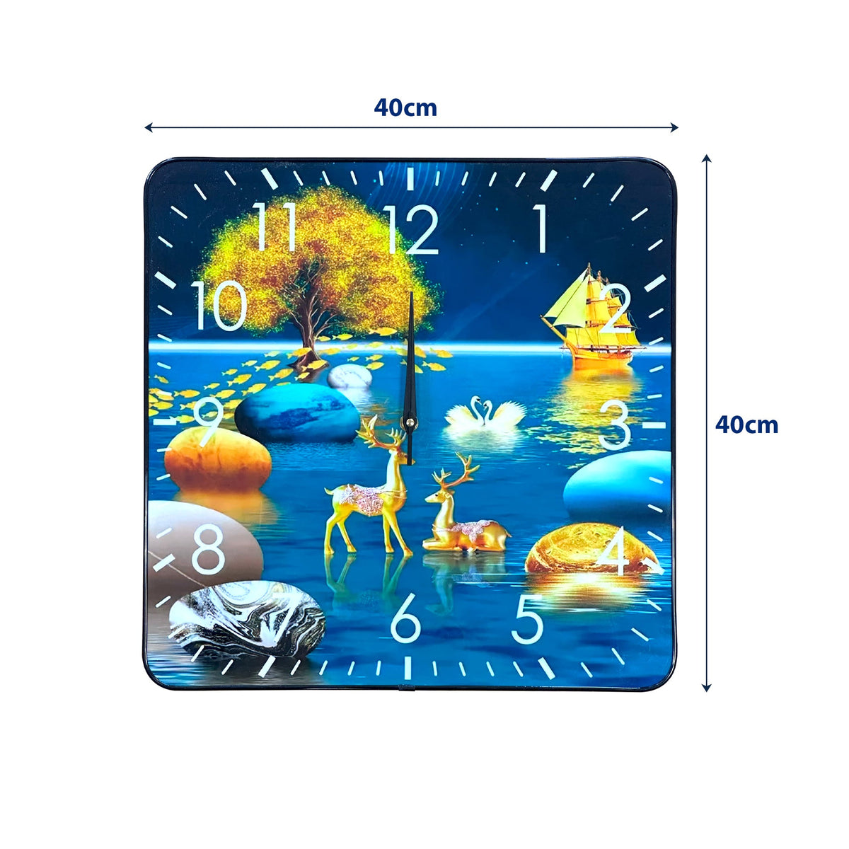 Square Art Clock – 40 cm, Blue Lake or Brown Mountain Scene, Wall or Shelf - Blue, Lake Scene