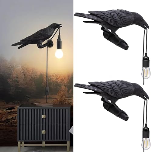 Black Birds Table Lamps Resin Crow Desk LED Lamp E27 Base Modern Raven Art Deco Bedside Decor Plug In Cord Wall Lamps for Bedroom, Office, College Dorm, Right Black Wall