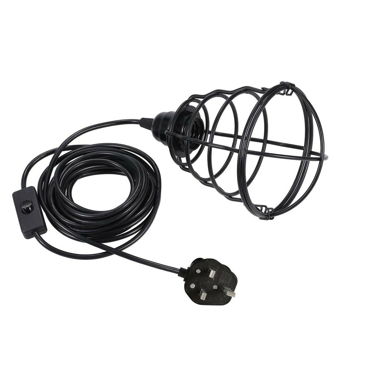 Plug-In Cage Pendant Light – 4 m Black Flex, Switch, UK Plug, E27 - Black, Bulb Guard Cage Black, Without Bulb