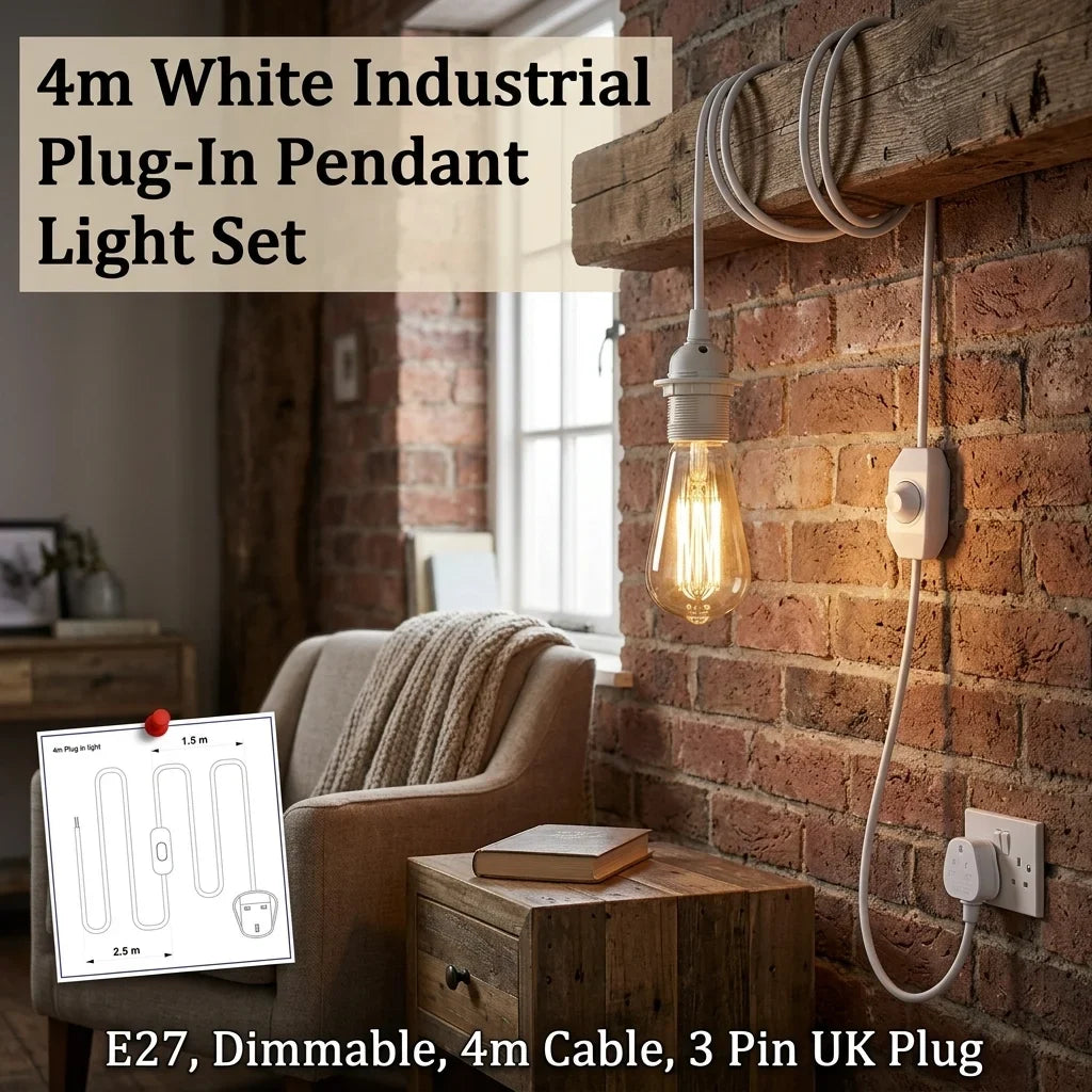 4 m Plug-In Pendant Lamp Holder Kit with Dimmer – White, UK Plug - photo 7
