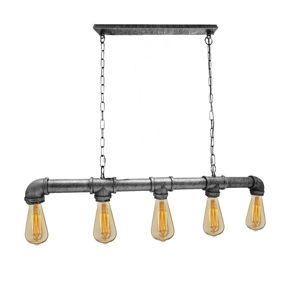 5 Light Steampunk Pipe Pendant – Water Pipe Bar on Chains, E27 - ST64 Bulb, Brushed Silver, No Shade