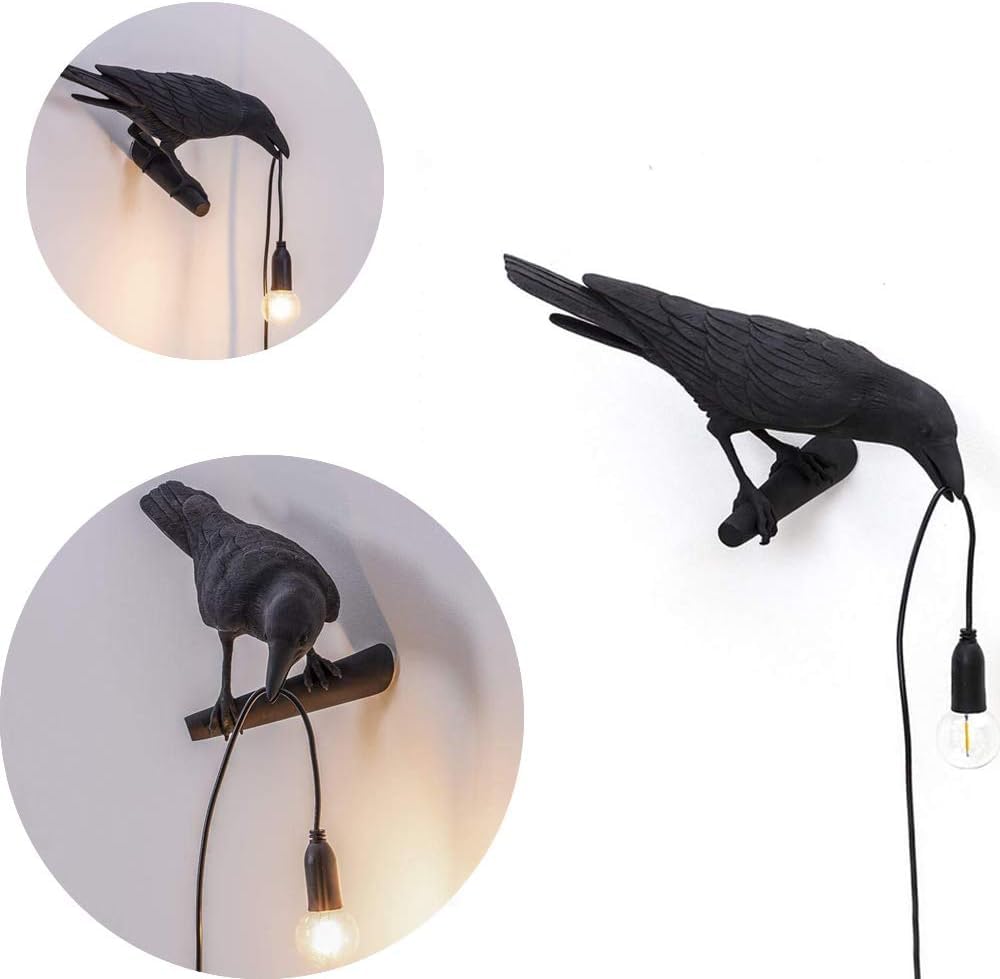 Black Birds Table Lamps Resin Crow Desk LED Lamp E27 Base Modern Raven Art Deco Bedside Decor Plug In Cord Wall Lamps for Bedroom, Office, College Dorm, Right Black Wall