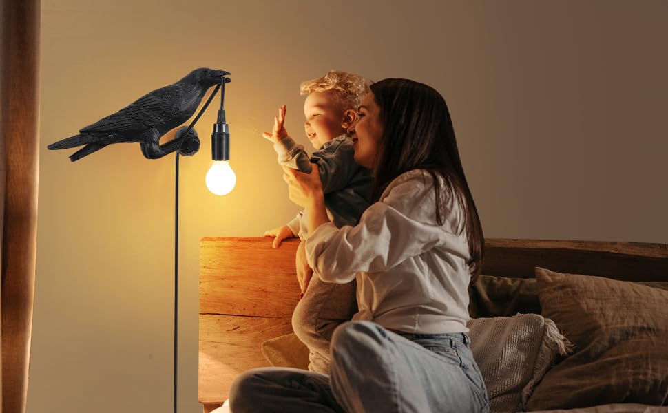 Black Birds Table Lamps Resin Crow Desk LED Lamp E27 Base Modern Raven Art Deco Bedside Decor Plug In Cord Wall Lamps for Bedroom, Office, College Dorm, Right Black Wall