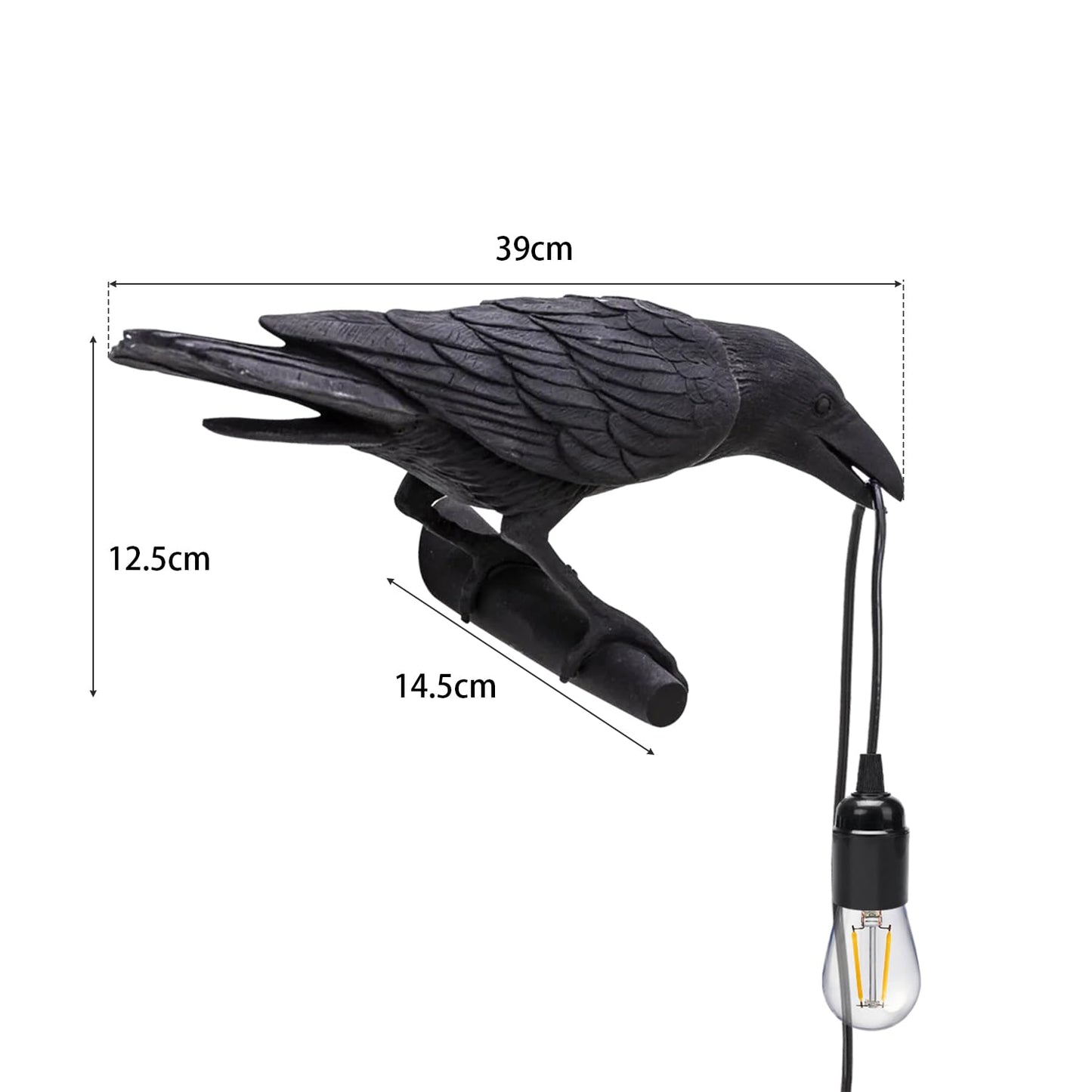 Black Birds Table Lamps Resin Crow Desk LED Lamp E27 Base Modern Raven Art Deco Bedside Decor Plug In Cord Wall Lamps for Bedroom, Office, College Dorm, Right Black Wall