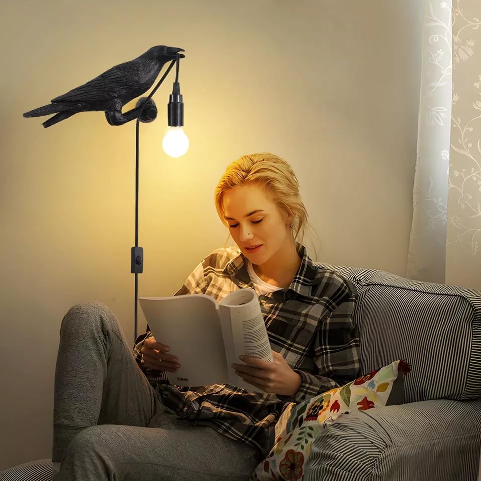 Black Birds Table Lamps Resin Crow Desk LED Lamp E27 Base Modern Raven Art Deco Bedside Decor Plug In Cord Wall Lamps for Bedroom, Office, College Dorm, Right Black Wall