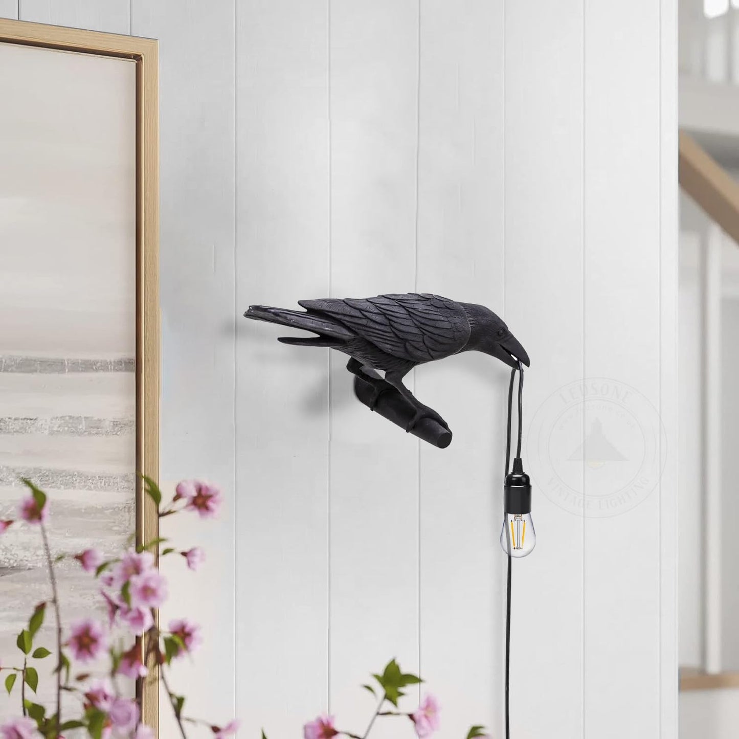 Black Birds Table Lamps Resin Crow Desk LED Lamp E27 Base Modern Raven Art Deco Bedside Decor Plug In Cord Wall Lamps for Bedroom, Office, College Dorm, Right Black Wall