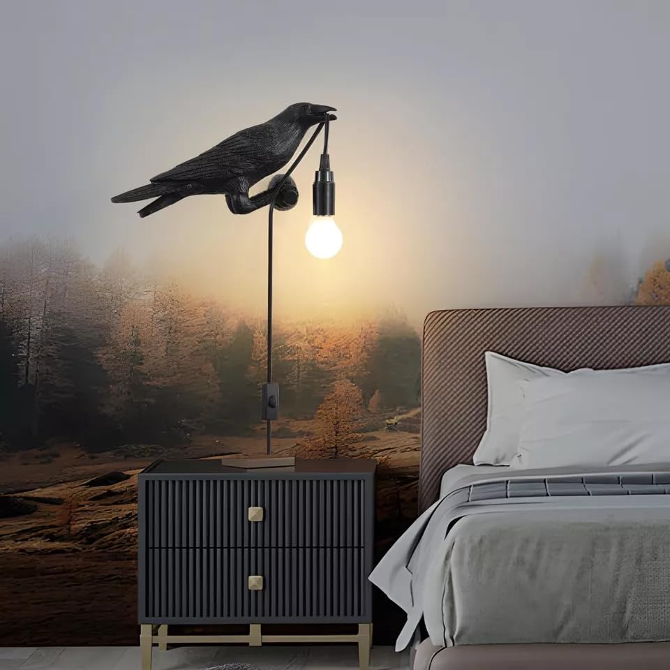 Black Birds Table Lamps Resin Crow Desk LED Lamp E27 Base Modern Raven Art Deco Bedside Decor Plug In Cord Wall Lamps for Bedroom, Office, College Dorm, Right Black Wall