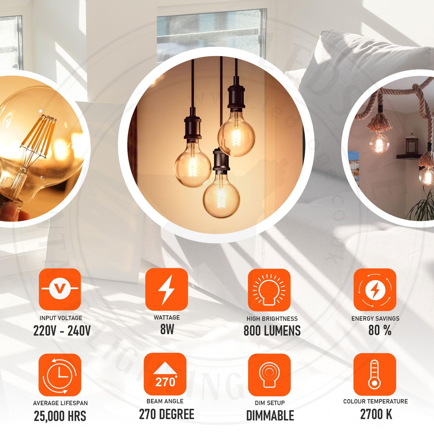 LED G125 8W Vintage Filament Dimmable E27 Globe Bulb ~1331